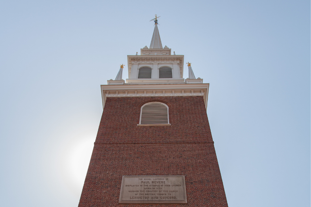 The bell tower and steeple of the Old North Church.