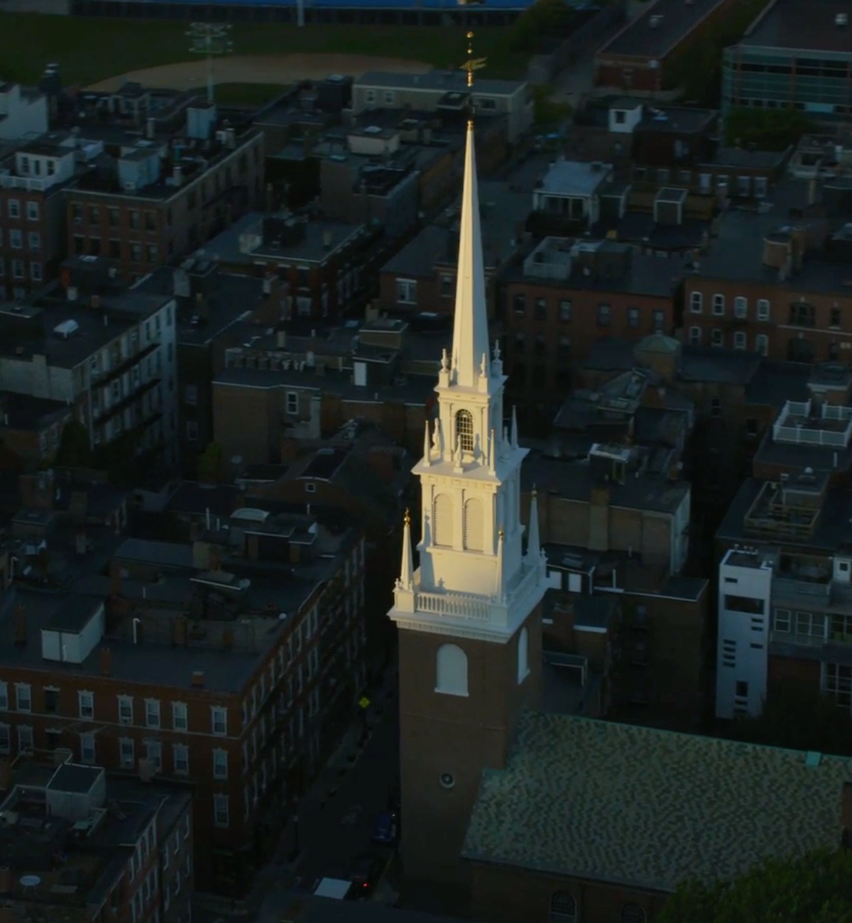 An aerial view of the steeple of the Old North Church.