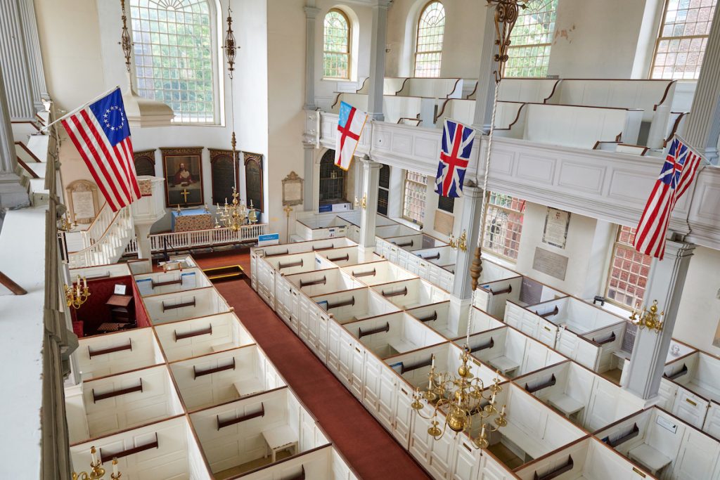 Box pews in the sanctuary.