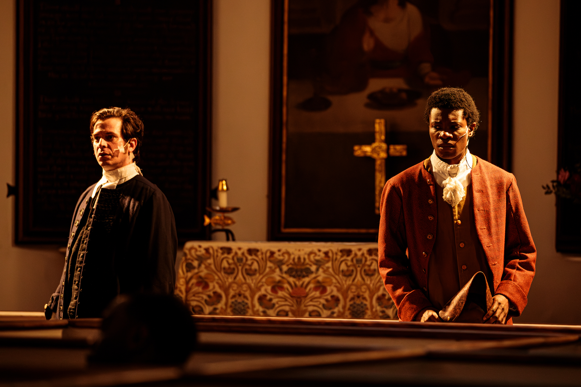 Tim Hoover as Mather Byles and Joshua Lee Robinson as Cato in "Revolution's Edge" at the Old North Church. 