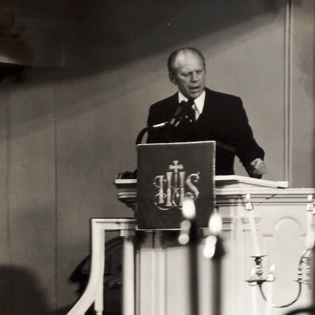 President Gerald Ford speaks from the pulpit from the Old North Church,