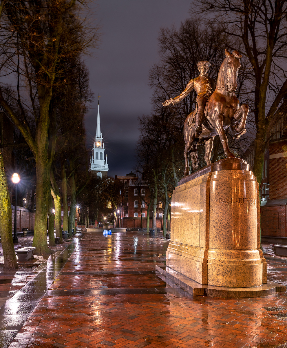 Lanterns in Old North Church's steeple and Boston's Paul Revere statue.