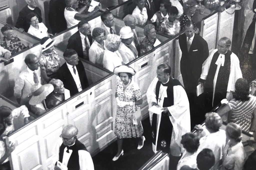Queen Elizabeth II walking in the sanctuary of the Old North Church.