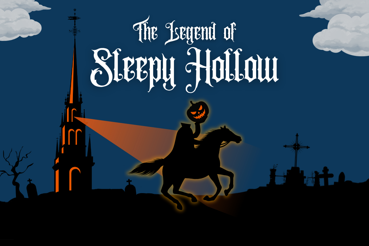 Text: The Legend of Sleepy Hollow Image: Illustration of the Old North Church illuminating the Headless Horseman