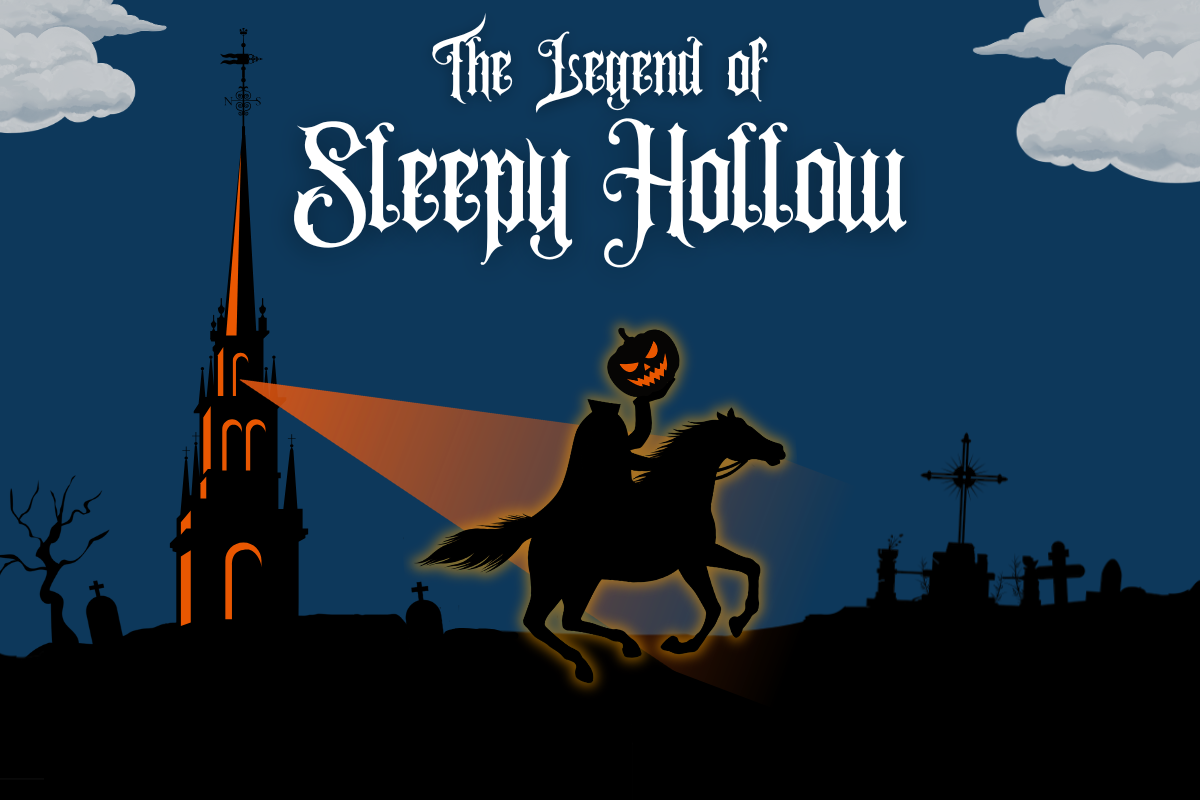 Text: The Legend of Sleepy Hollow Image: Illustration of the Old North Church illuminating the Headless Horseman