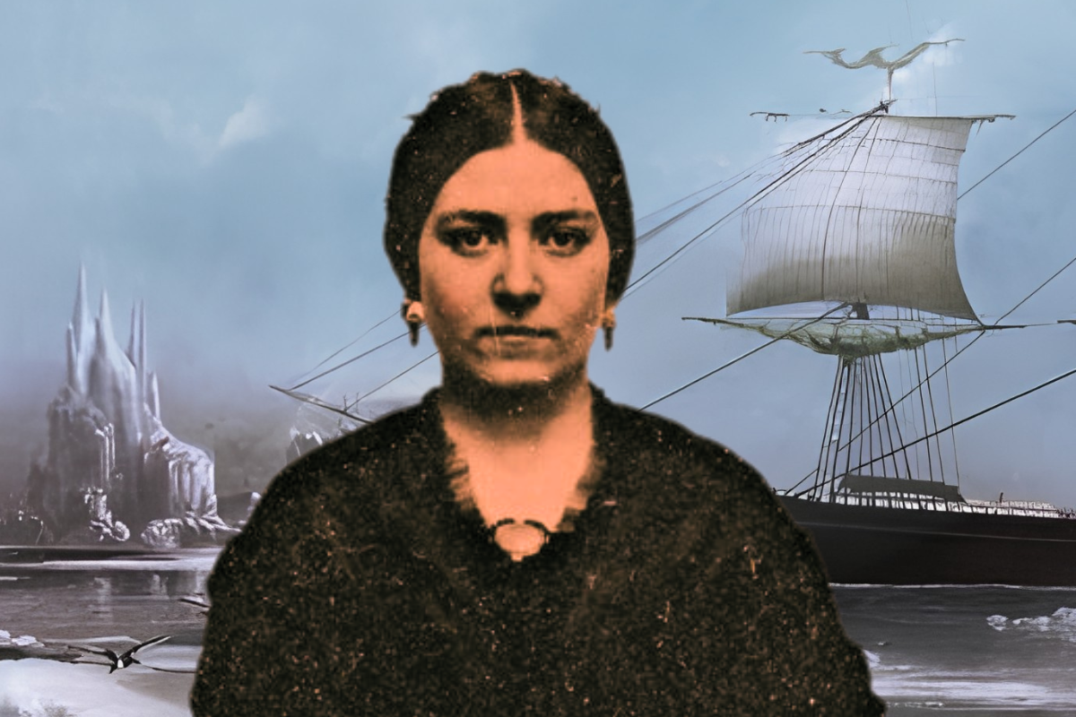 Historic photo of Mary Ann Patten against the backdrop of a ship sailing in Antarctica.